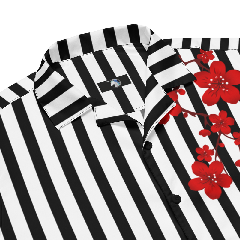 Black and White Stripes, Oversized Button Shirt, Blossom Print, Japan, Japanese Calligraphy, Fashion, Style, Versatile, Cultural, Heritage, Trendy, Classic, Elegance, Nature-inspired, Statement Piece, Unique, Fashionable, Modern, Traditional, Artistry, button up shirt