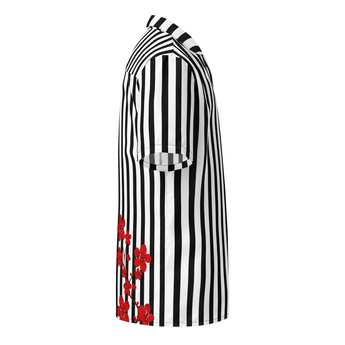 Black and White Stripes, Oversized Button Shirt, Blossom Print, Japan, Japanese Calligraphy, Fashion, Style, Versatile, Cultural, Heritage, Trendy, Classic, Elegance, Nature-inspired, Statement Piece, Unique, Fashionable, Modern, Traditional, Artistry, button up shirt