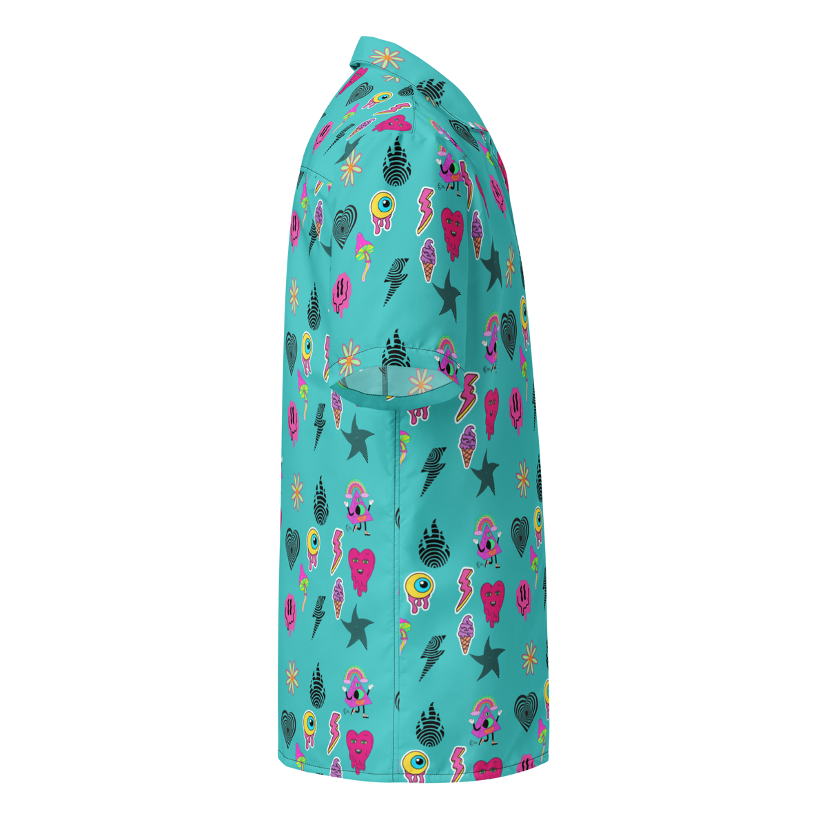 Turquoise Shirt, Oversized Button Shirt, Hot Pink Prints, Melting Hearts, Melting Smiley Faces, Melting Eyes, Psychedelic Vibes, Vibrant Fashion, Statement Piece, Unique Style, Bold Colors, Eye-catching Design, Psychedelic Print, Fashionable Shirt, Trendy Apparel, Expressive Fashion, Colorful Clothing, Stand Out Style, button up shirt
