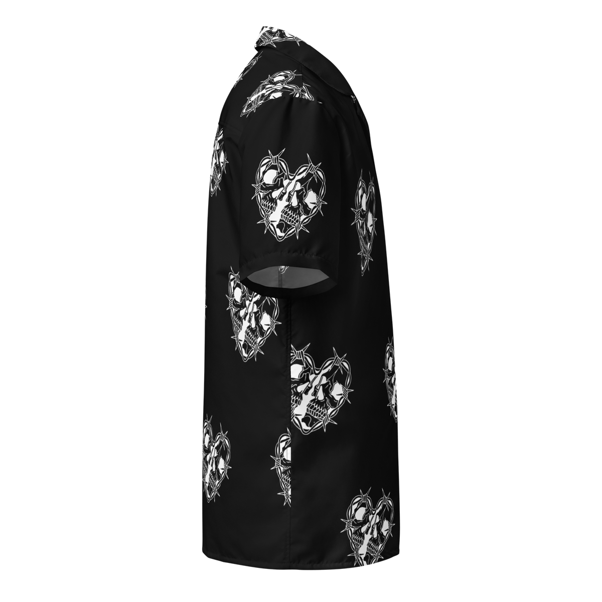 Rebellious Romance, Oversized Button Shirt, Skull Print, Heart with Spines, Edgy Fashion, Romantic Style, Statement Piece, Bold Print, Urban Flair, Trendy Apparel, Unique Design, Streetwear, Fashion Forward, Skull Fashion, Heart Print Shirt, Edgy Romance, Contemporary Fashion, Eye-catching Shirt, Street Style, Urban Chic, button up shirt
