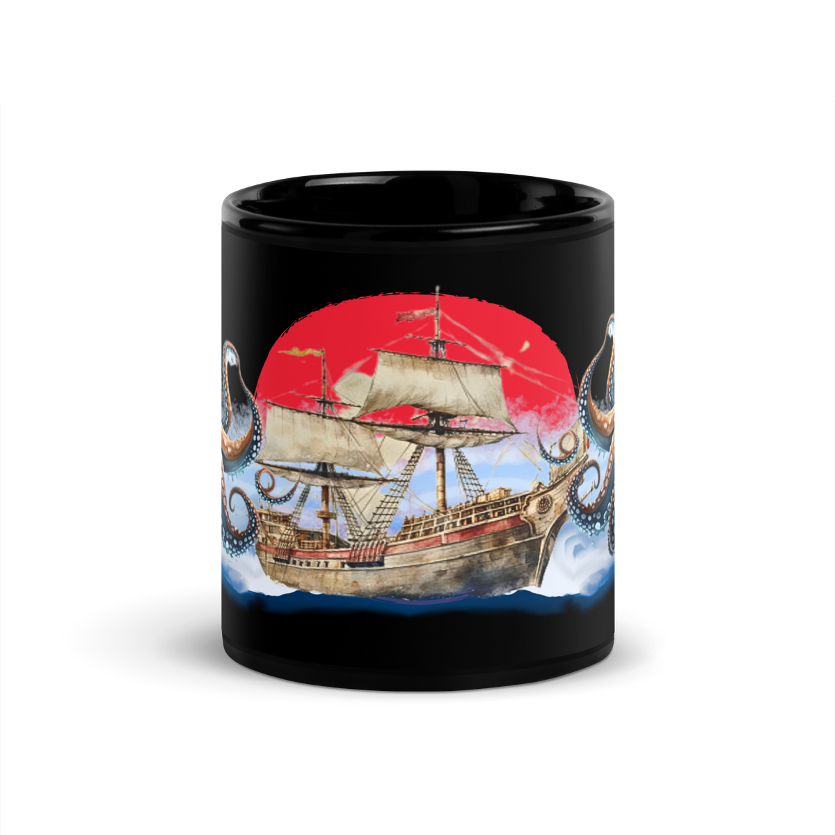 Japanese Octopus Mug, Japanese Octopus, Tokio Japan, kawaii, Japanese Calligraphy, Japanese Ship, Coffee mug, tea mug, Japanese kraken, Japanese sea monster, black glossy mug 