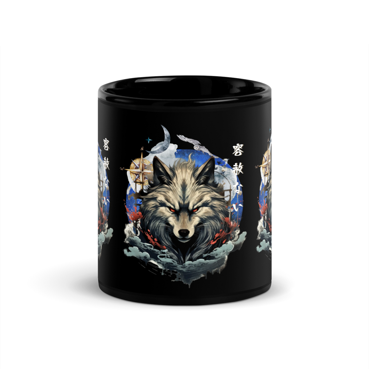 Japanese wolf, Black glossy mug, Wolf print, Coffee mug, Tea cup, Artistic design, Cultural motif, Unique gift, Mug collection, Japanese folklore, Drinkware, Home decor, Kitchen accessories, Animal art, Traditional symbolism, Modern aesthetics, High-quality print, Collectible item, Office essentials, Trendy merchandise, Online store, Puerto Rico entrepreneur