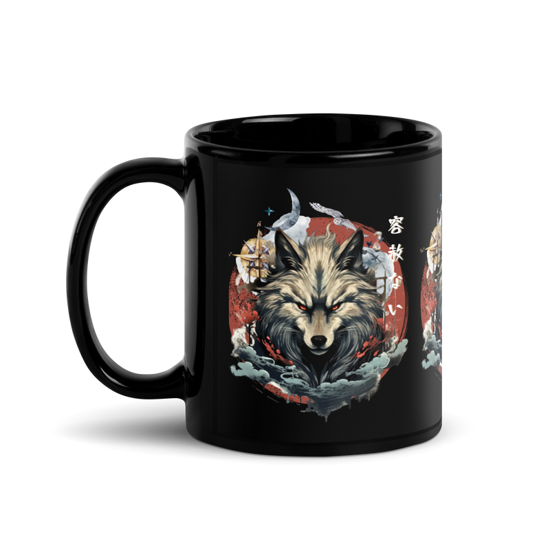 Japanese wolf, Black glossy mug, Wolf print, Coffee mug, Tea cup, Artistic design, Cultural motif, Unique gift, Mug collection, Japanese folklore, Drinkware, Home decor, Kitchen accessories, Animal art, Traditional symbolism, Modern aesthetics, High-quality print, Collectible item, Office essentials, Trendy merchandise, Online store, Puerto Rico entrepreneur