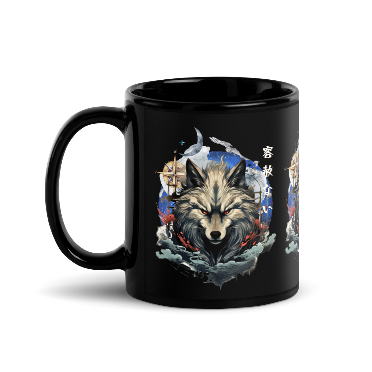 Japanese wolf, Black glossy mug, Wolf print, Coffee mug, Tea cup, Artistic design, Cultural motif, Unique gift, Mug collection, Japanese folklore, Drinkware, Home decor, Kitchen accessories, Animal art, Traditional symbolism, Modern aesthetics, High-quality print, Collectible item, Office essentials, Trendy merchandise, Online store, Puerto Rico entrepreneur