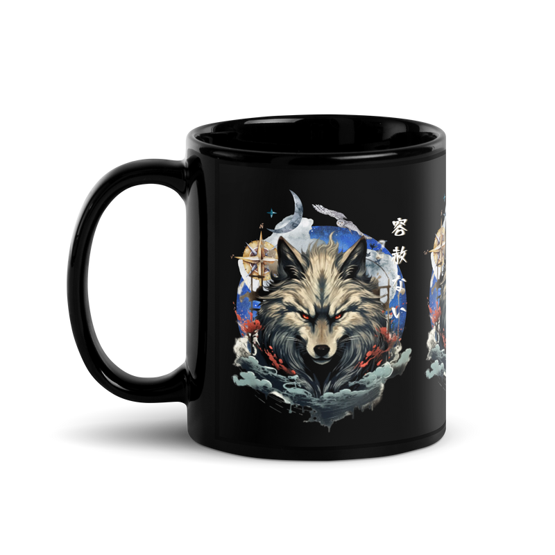Japanese wolf, Black glossy mug, Wolf print, Coffee mug, Tea cup, Artistic design, Cultural motif, Unique gift, Mug collection, Japanese folklore, Drinkware, Home decor, Kitchen accessories, Animal art, Traditional symbolism, Modern aesthetics, High-quality print, Collectible item, Office essentials, Trendy merchandise, Online store, Puerto Rico entrepreneur