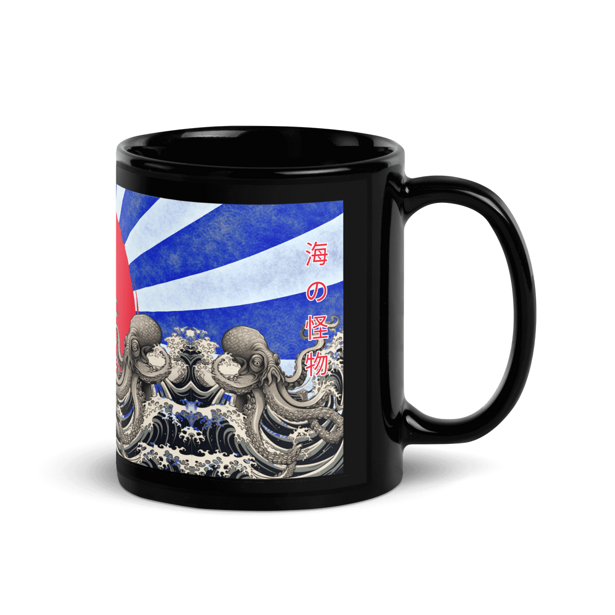 Japanese Calligraphy Kraken and Waves Black Glossy Mug