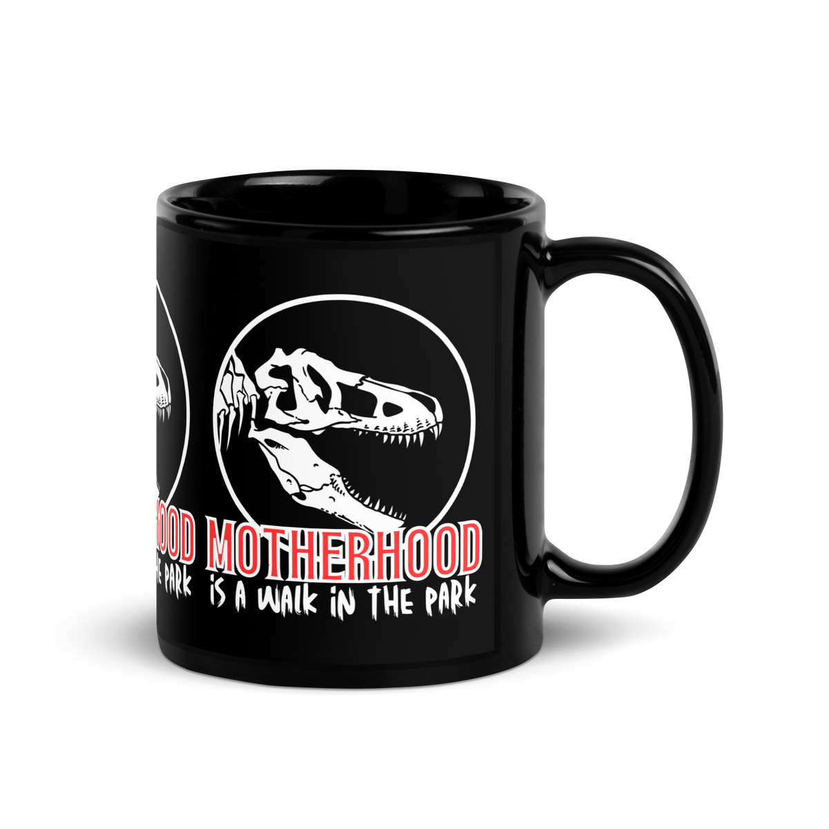 mug, dinosaur, motherhood, parenting, family, mom life, humorous design, mother's day, mom gift, light-hearted phrase, resilience, humor, coffee mug, tea mug, home decor, quality, laughter, gift for mom, unique design, relaxation, daily reminder, motherhood it's a walk in the park mug