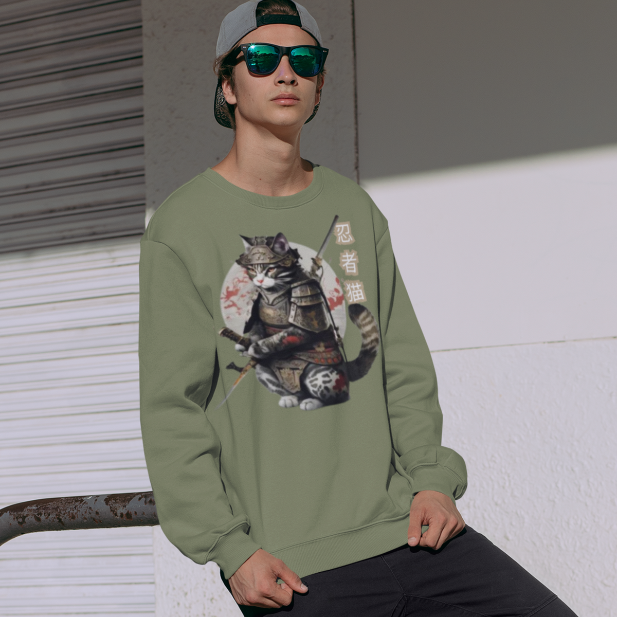 Military Green- Tokio Japan,  Samurai cat sweatshirt,  Samurai Cat, Tattoo Style sweatshirt,  Samurai cat,  Samurai,  Ninja, Samurai Kitten,  Ninja cat sweatshirt,  Ninja Cat,  kawaii,  Japanese Kawaii, Ninja Cat sweatshirt,  Japanese Calligraphy,  gift for him,  gift for her,  gift for cat lover,  Cat Lover sweatshirt, sweatshirt