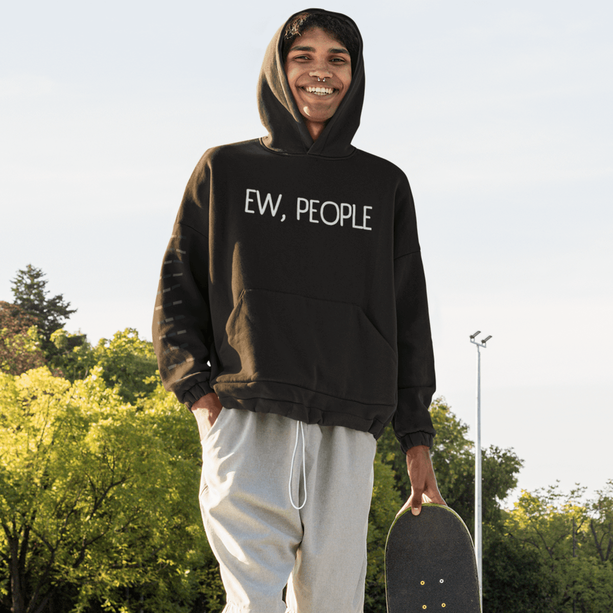 Black- Hooded Sweatshirt, Funny Hoodie, Introvert Apparel, Humor Clothing, Statement Hoodie, Cozy Comfort, Quirky Fashion, Sassy Style, Casual Wear, Playful Prints, Personality Clothing, Witty Attire, Anti-Social Vibes, Relaxed Fit, Introvert Pride, Lighthearted Layers, Conversational Hoodie, Solitude Fashion, Unique Statements, Weekend Lounge, Attitude Attire, Chill Outfits, ew people, ew people hoodie, ew people tee