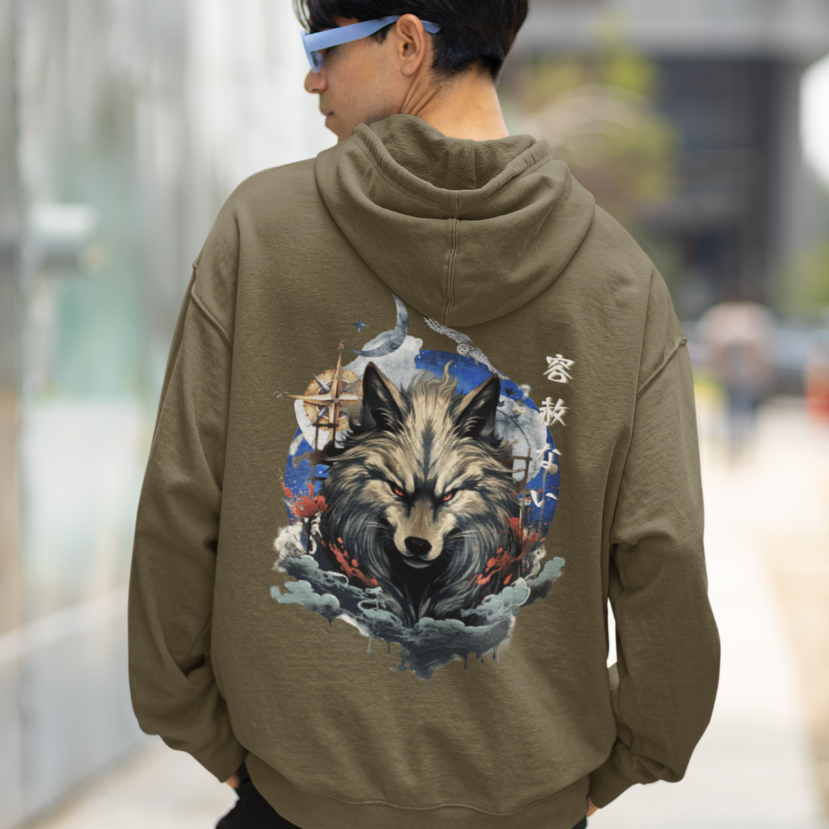 Japanese Wolf Hoodie, Cultural Artistry, Folklore Inspired, Nature and Myth, Compass Design, Symbolic Apparel, Adventure Theme, Ancient Wisdom, Navigational Art, Mythical Creatures, Tradition and Style, Artistic Hoodie, Storytelling Fashion, Heritage Fusion, Wolf Spirit, Contemporary Symbolism, Exploration Vibes, Cultural Fusion, Intricate Prints, Statement Outerwear