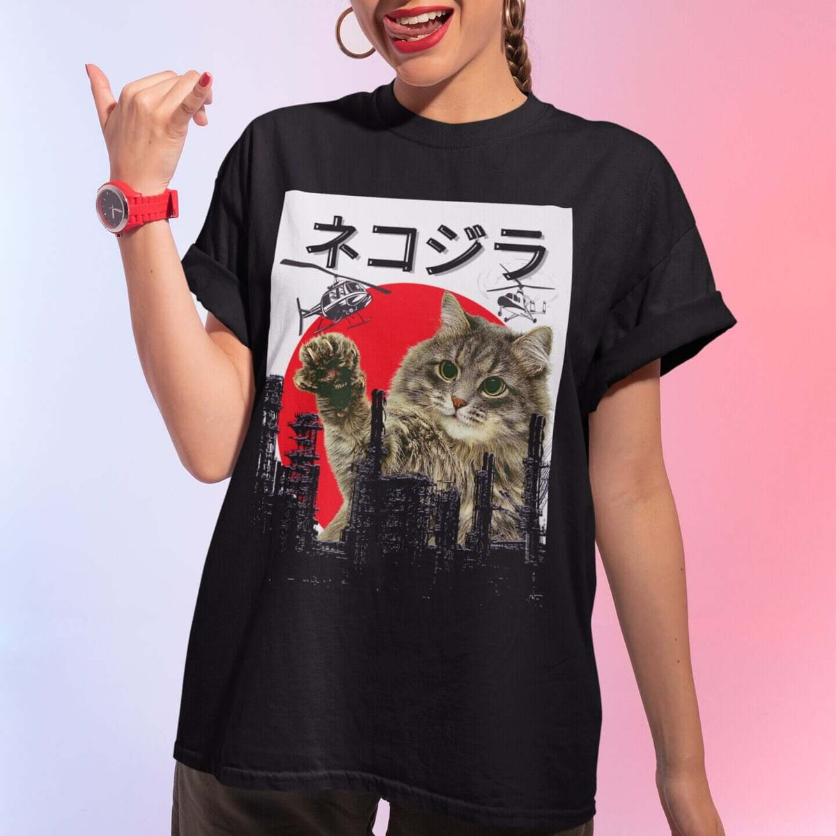  tee  men cat t-shirt  kitty  kitten  Japanese Sunset  Japan kitty monster  I love cats  Gift for cat owner  Gift for Cat Lovers  Funny Cat Shirt  dinosaur cat  Catzilla Shirt  catsaurus  cat-saurus  cat print top  cat mom  cat daddy