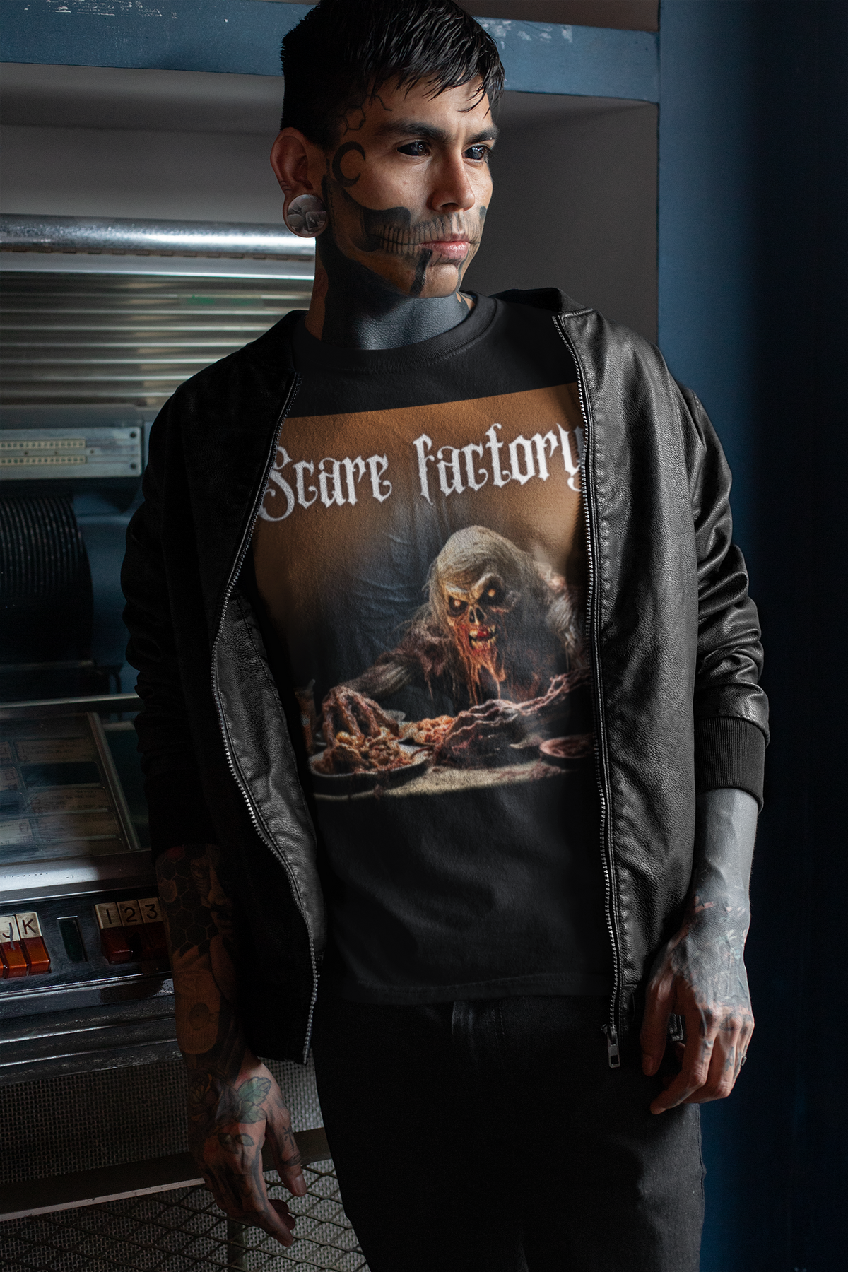 Scare Factory, Monster Dining, Creepy Chic, Horror Fashion, Eerie Apparel, Dark Style, Spooky Wear, Monster Threads, Macabre Clothing, Chilling Fashion, Scary Tee, Haunting Ensemble, Creep Couture, Horror Wardrobe, Unconventional Fashion, Monster Feast, Scare Style, Freaky Threads, Dark Humor Tee, Monster Munch