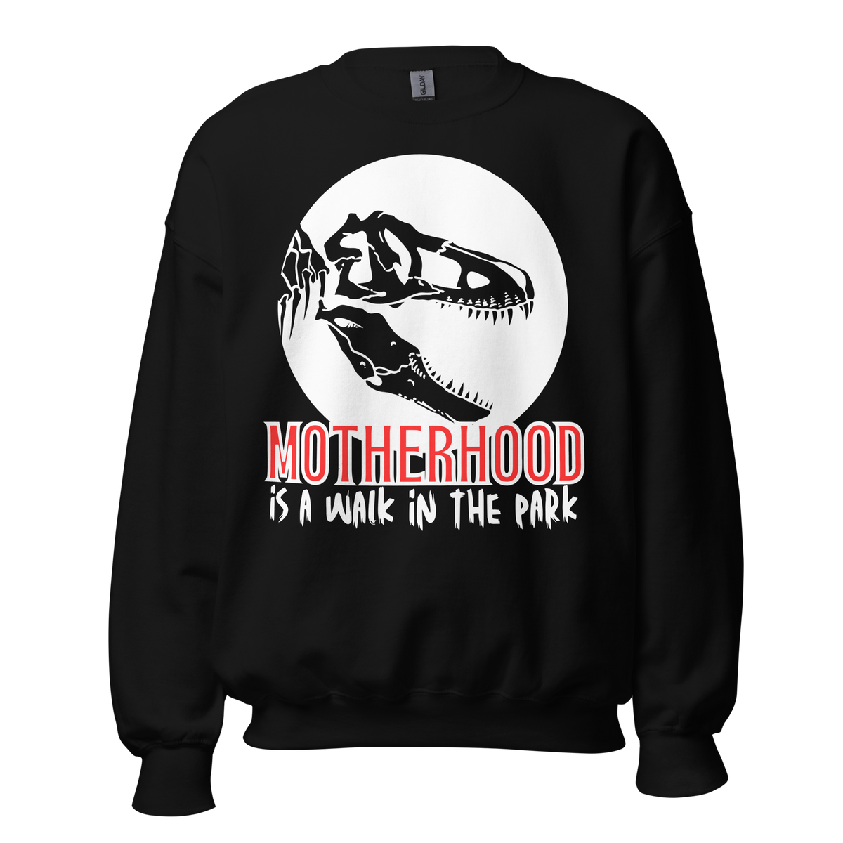 sweatshirt, dinosaur, motherhood, parenting, family, mom life, cozy wear, humorous design, mother's day, mom gift, soft fabric, light-hearted phrase, casual style, warmth, versatile, comfort, strength, adventure, mom pride, laughter, fashion, quality, durability, motherhood its a walk in the park tee