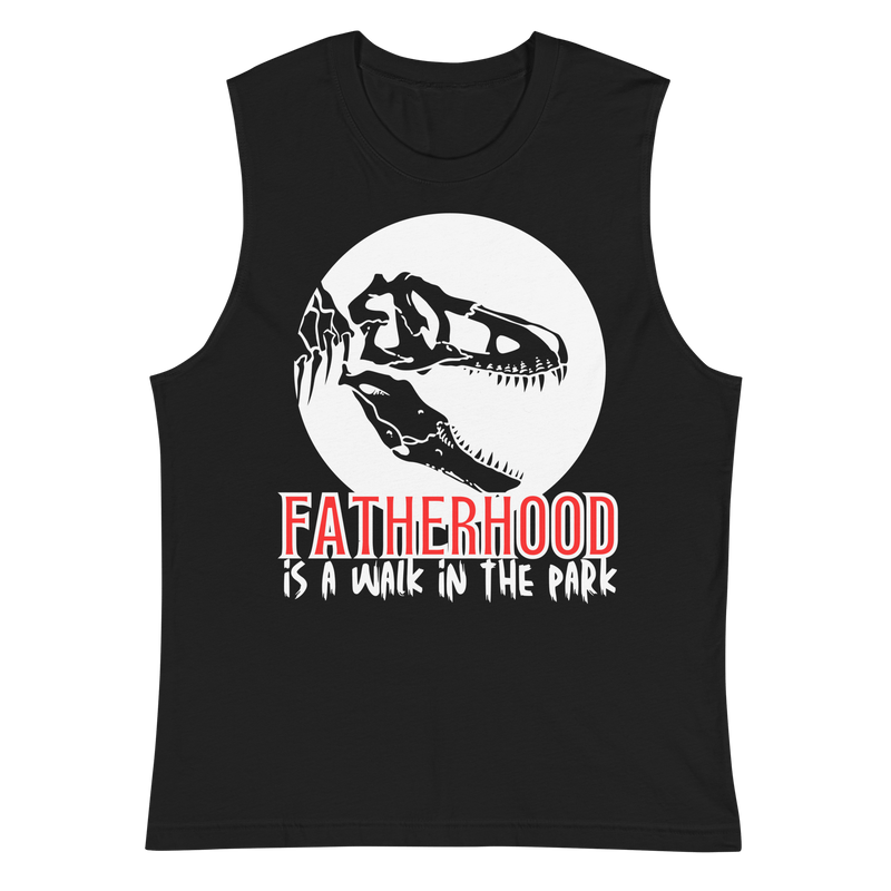 muscle shirt, dinosaur, fatherhood, parenting, family, dad life, sleeveless tee, graphic design, father's day, dad gift, comfortable, unique slogan, casual wear, prehistoric, adventure, fun, dad pride, stylish, soft fabric, conversation starter, fatherhood is a walk in the park tee