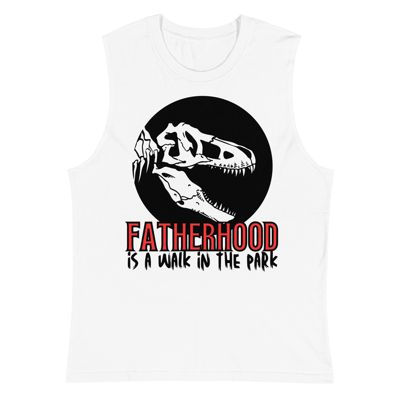 muscle shirt, dinosaur, fatherhood, parenting, family, dad life, sleeveless tee, graphic design, father's day, dad gift, comfortable, unique slogan, casual wear, prehistoric, adventure, fun, dad pride, stylish, soft fabric, conversation starter, fatherhood is a walk in the park tee