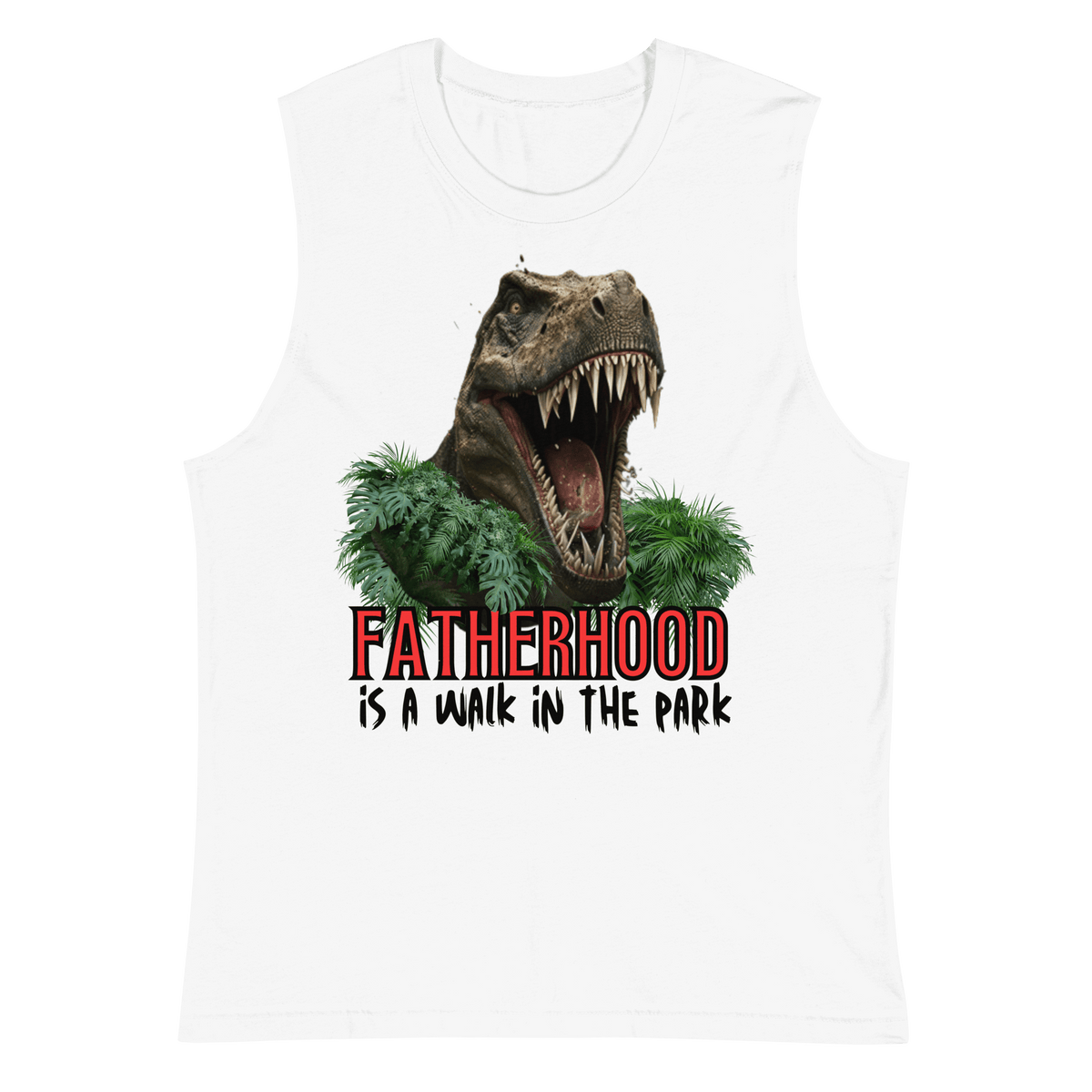 muscle shirt, dinosaur, fatherhood, parenting, family, dad life, sleeveless tee, graphic design, father's day, dad gift, comfortable, unique slogan, casual wear, prehistoric, adventure, fun, dad pride, stylish, soft fabric, conversation starter, fatherhood is a walk in the park tee