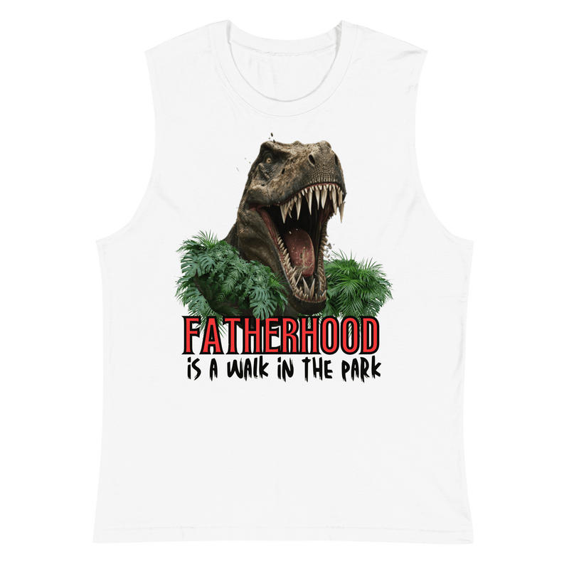 muscle shirt, dinosaur, fatherhood, parenting, family, dad life, sleeveless tee, graphic design, father's day, dad gift, comfortable, unique slogan, casual wear, prehistoric, adventure, fun, dad pride, stylish, soft fabric, conversation starter, fatherhood is a walk in the park tee