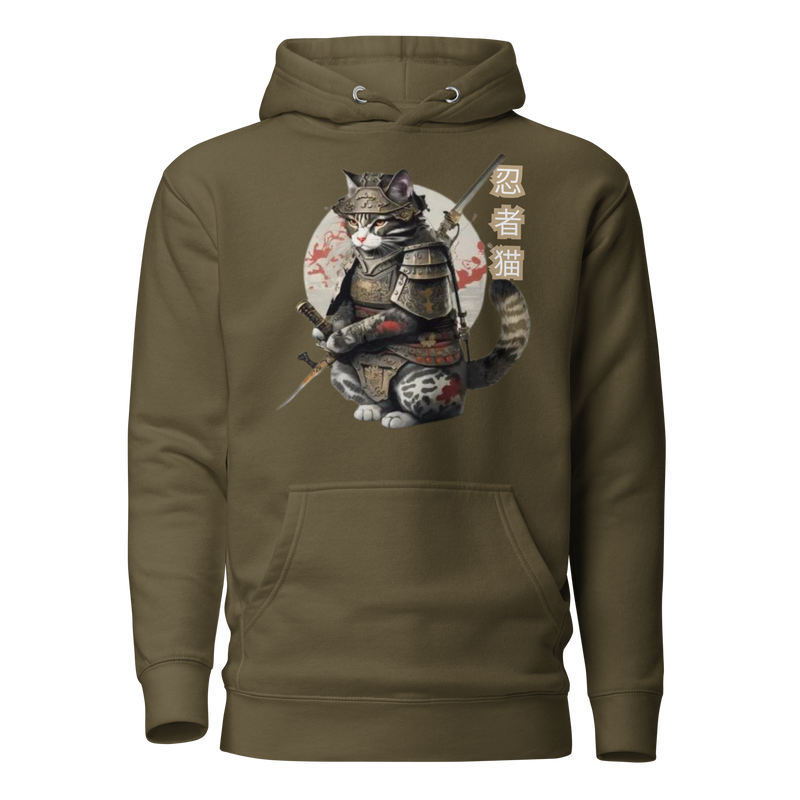 Military Green Color- Tokio Japan,  Samurai cat hoodie,  Samurai Cat, Tattoo Style hoodie,  Samurai cat,  Samurai,  Ninja, Samurai Kitten,  Ninja cat hoodie,  Ninja Cat,  kawaii,  Japanese Kawaii, Ninja Cat hoodie,  Japanese Calligraphy,  gift for him,  gift for her,  gift for cat lover,  Cat Lover hoodie