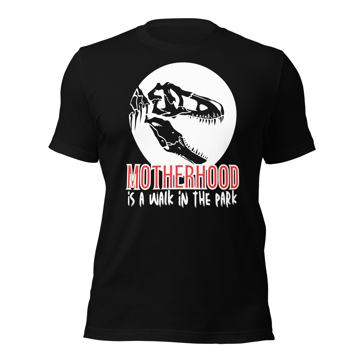 t-shirt, dinosaur, motherhood, parenting, family, mom life, comfortable, graphic design, mother's day, gift for mom, soft fabric, empowering phrase, casual style, strength, adventure, mom pride, chic, quality, lasting impression, cute design, love, grace, fashion, motherhood is a walk in the park tee